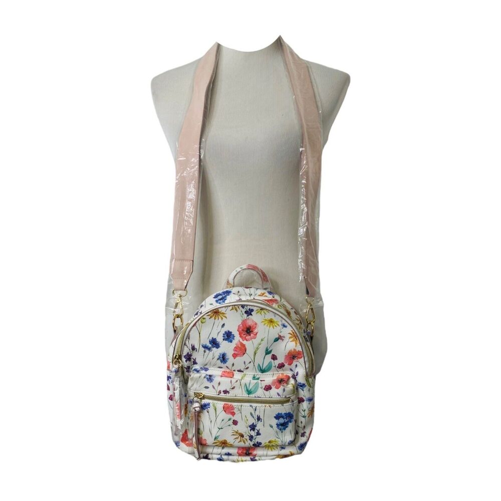 Sears Women’s Mini Backpack White Floral Print Faux Leather 10 X 9 X 3 Inch